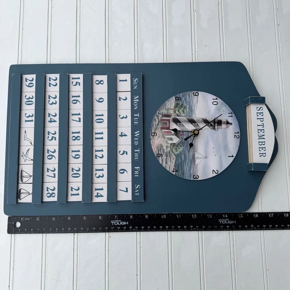 Nautical Wooden Wall Clock Perpetual Calendar Lighthouse Sailboat Blue Decor